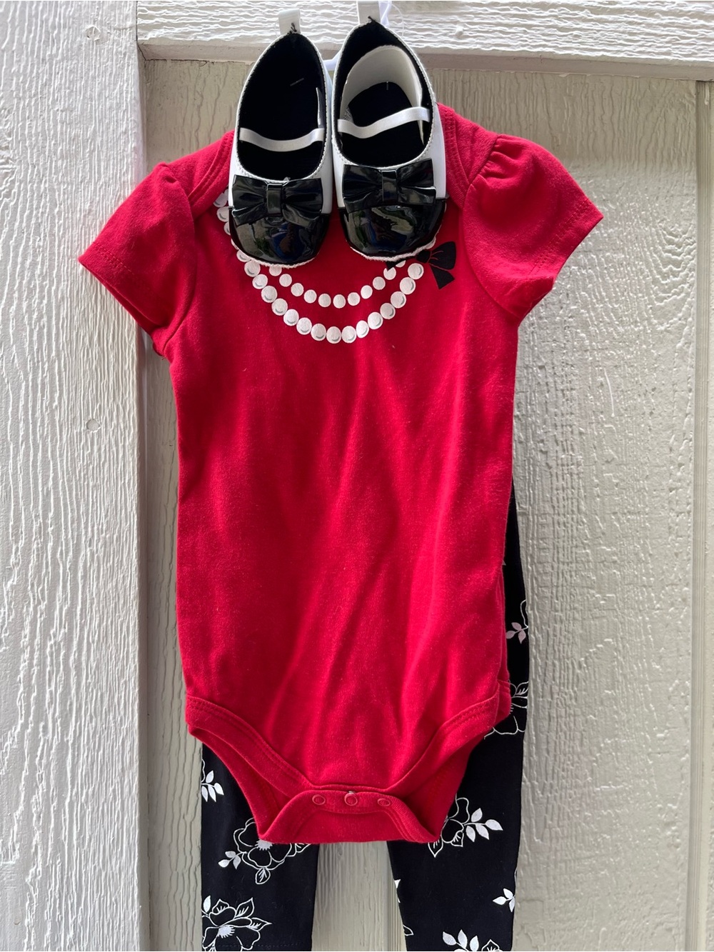 3pc Red Pearl-Print Baby Bodysuit with Black Bow Shoes